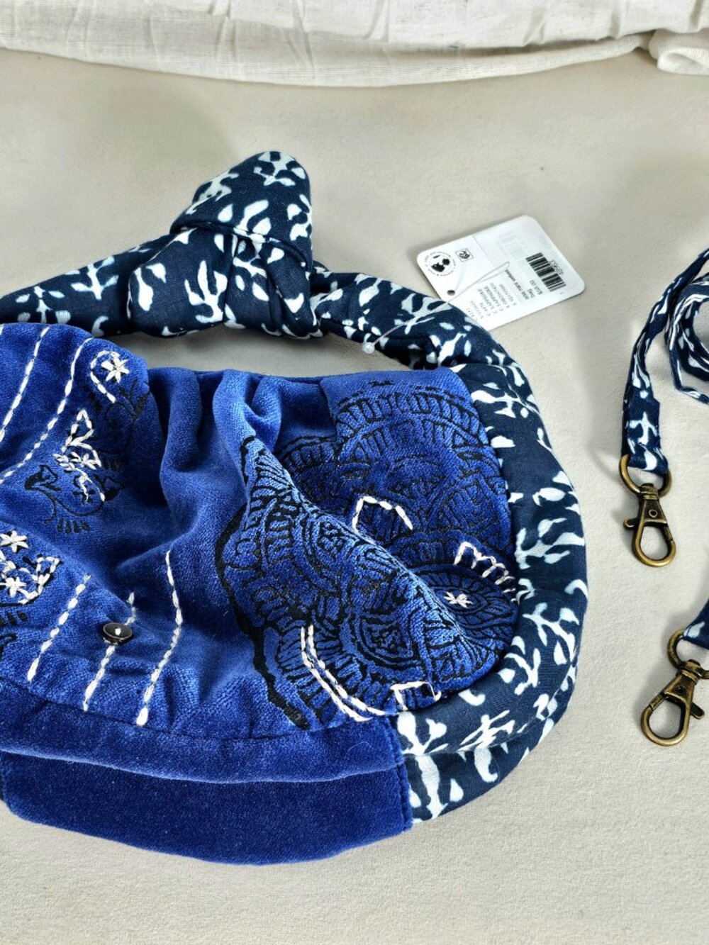 Free People Attia Velvet Bag Blue Embroidered Knot Handle NWT Boho Mini Hobo - Picture 9 of 15